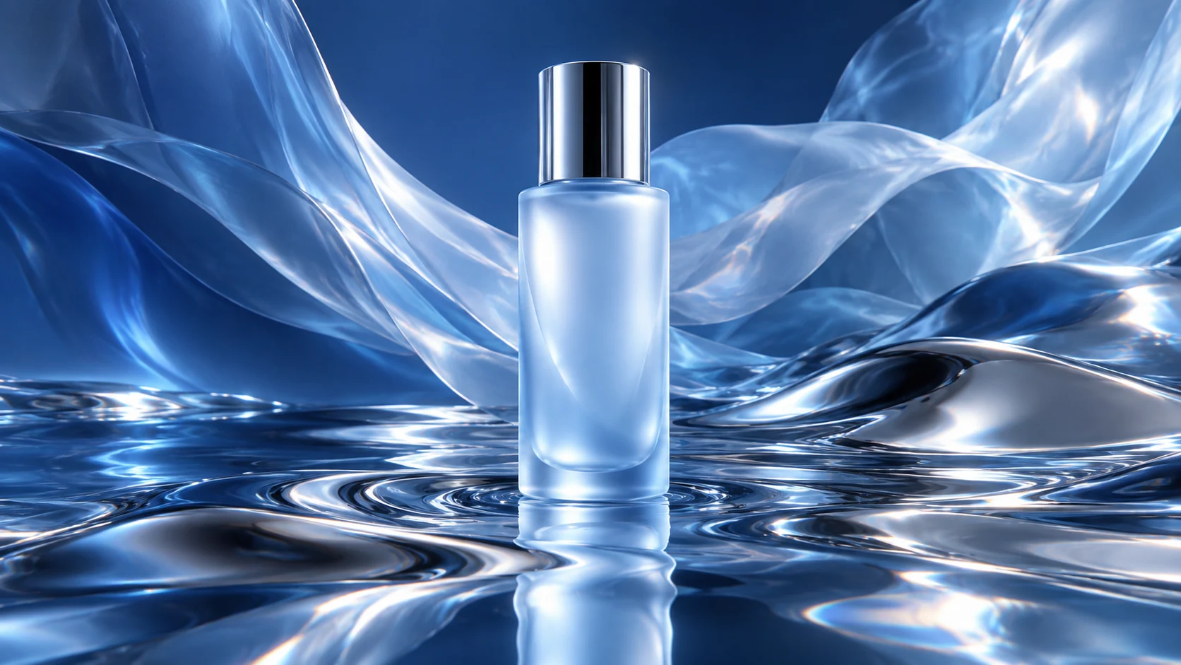 An unbranded pale blue serum bottle standing on reflective liquid chrome.