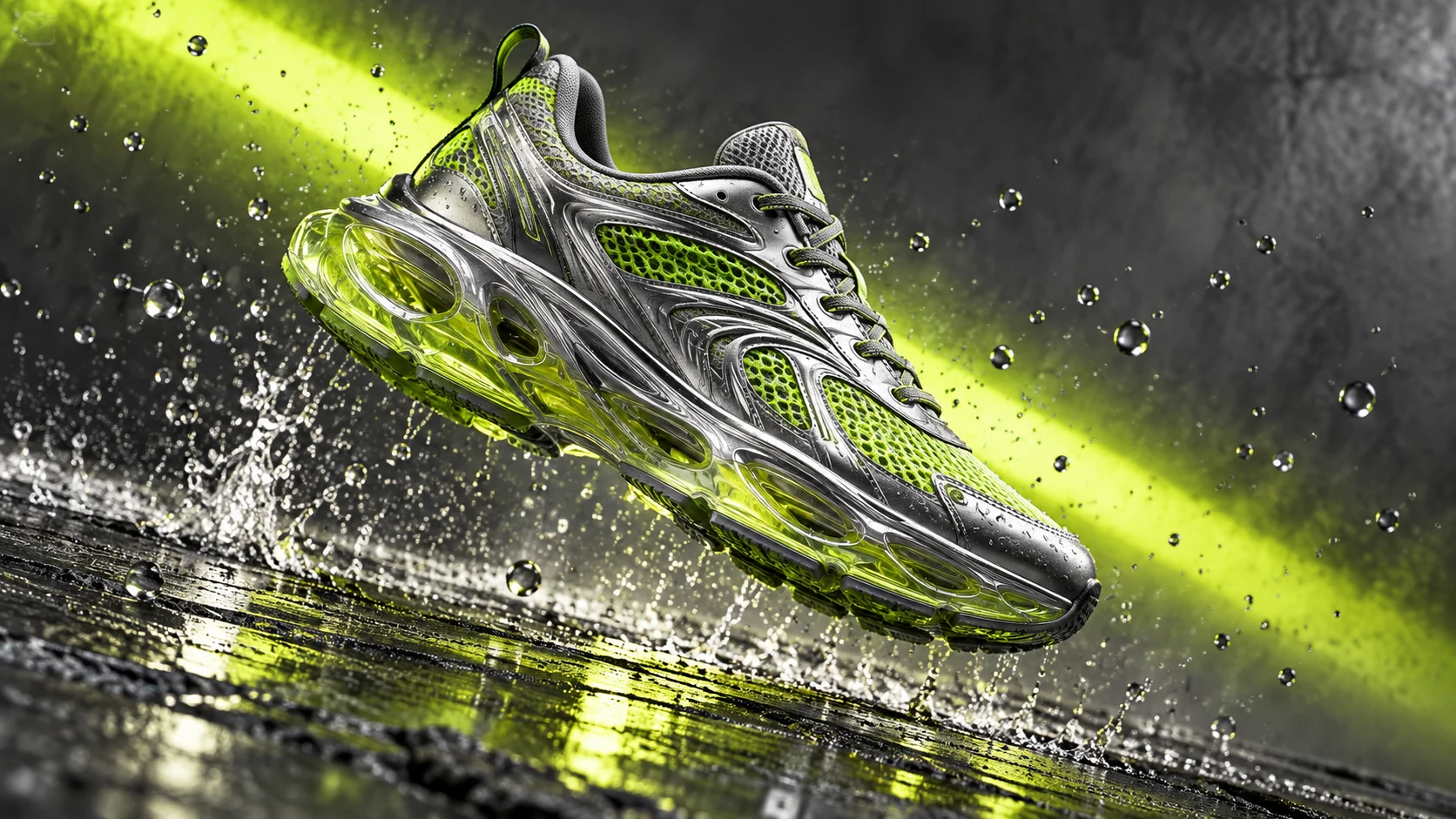 An unbranded silver and chartreuse running shoe suspended above wet dark concrete.